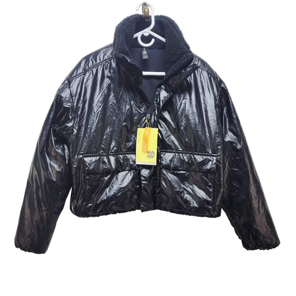 Allmotion Womens Black Shiny Cropped Puffer Jacket With Sherpa Collar Size L